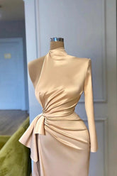 Glamorous high neck long sleeves column satin Evening dresses split front